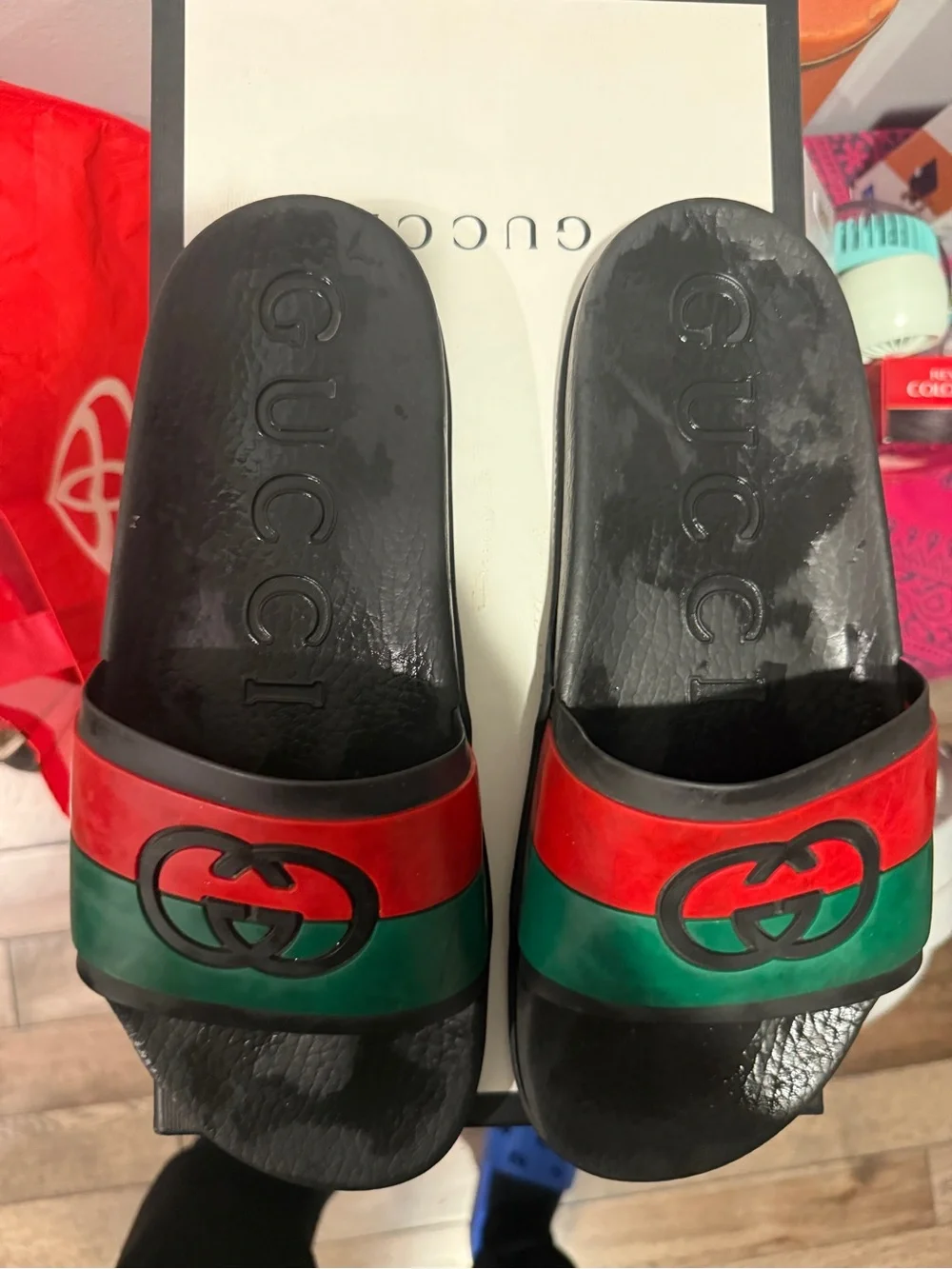 Gucci Black Slides with Red and Green Stripes - Picture 3 of 5